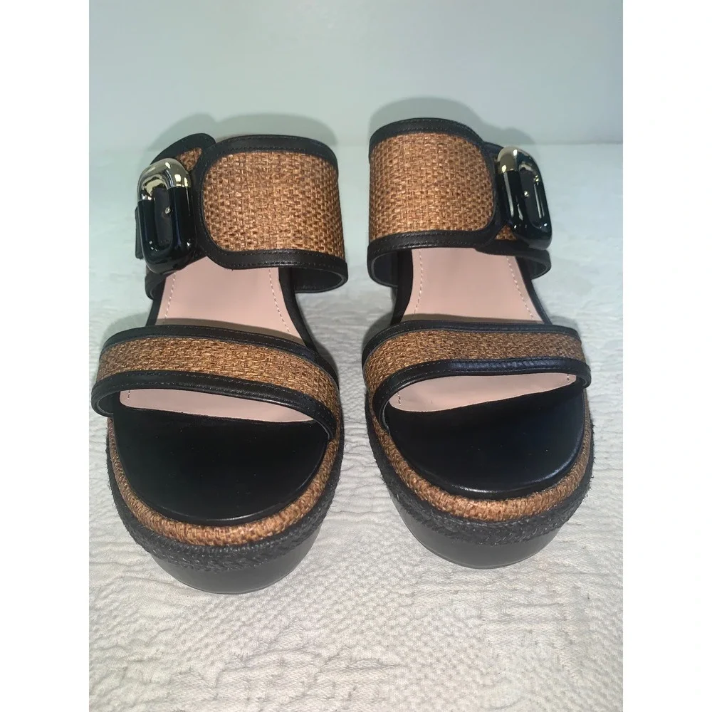 Johnston & Murphy Addison Buckle Platform Wedge Slide Sandals Cognac Raffia 10M